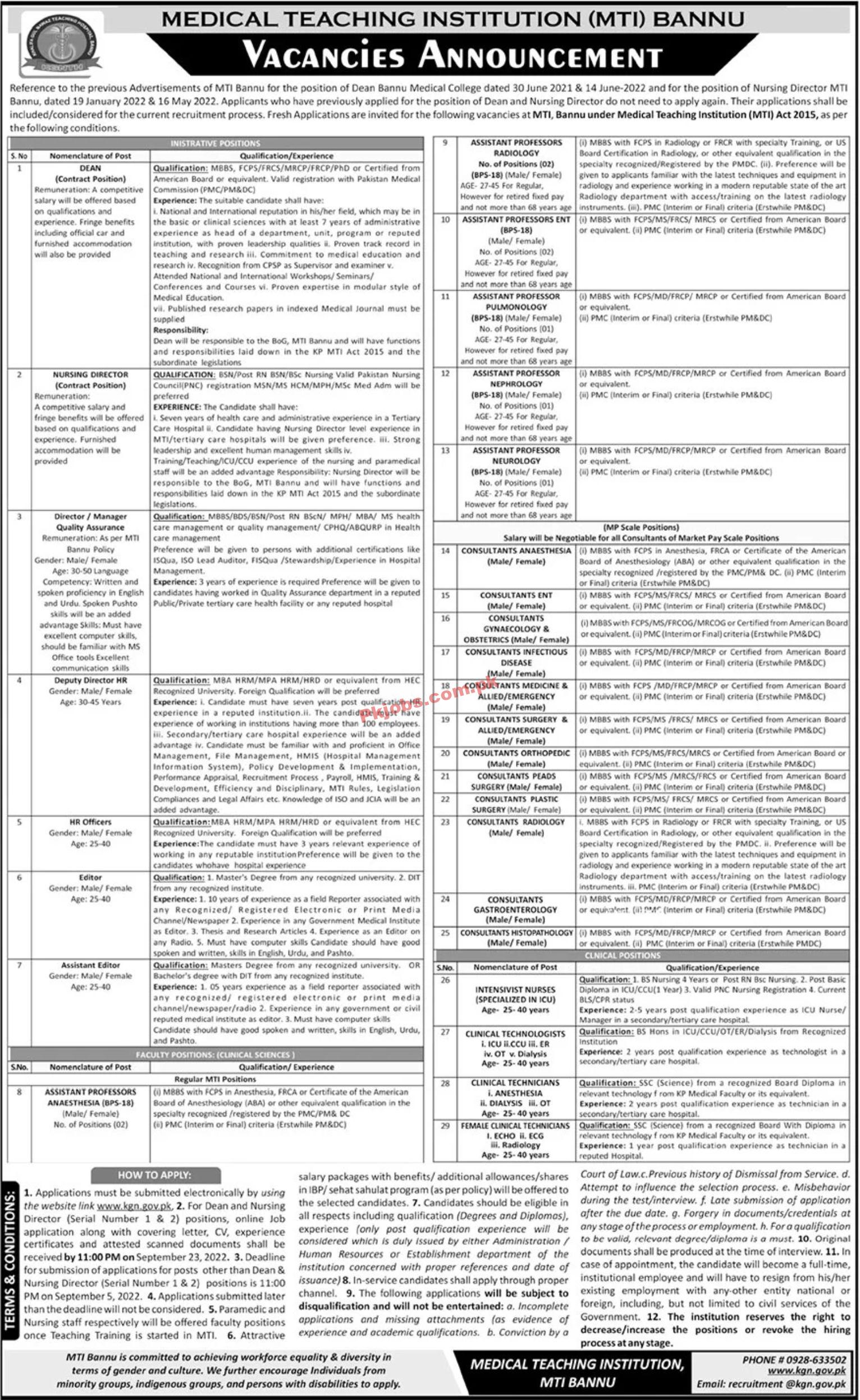 Jobs in Medical Teaching Institution MTI Bannu