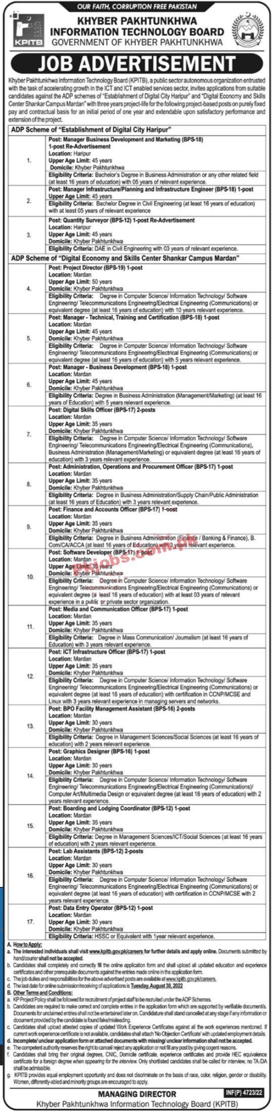 KPITB Jobs 2022 | Provincial Information Technology Board KPITB