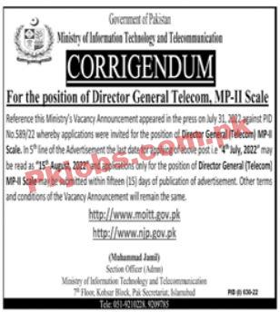 Ministry of Information Technology & Telecommunication Head Office Announced Latest Advertisement Jobs 2022
