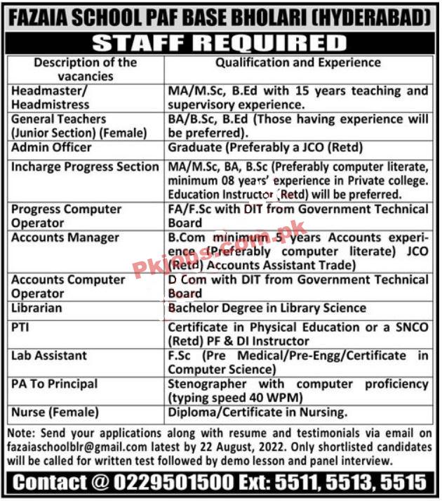 PAF Jobs 2022 | Fazaia School PAF Base Headquarters Announced Latest Advertisement Jobs 2022
