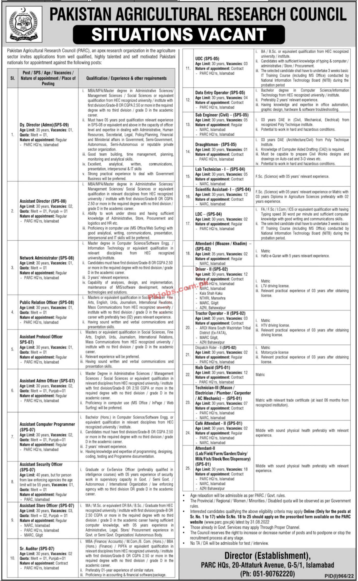 PARC Jobs 2022 | Pakistan Agriculture Research Council PARC Headquarters Announced Latest Recruitments Jobs 2022