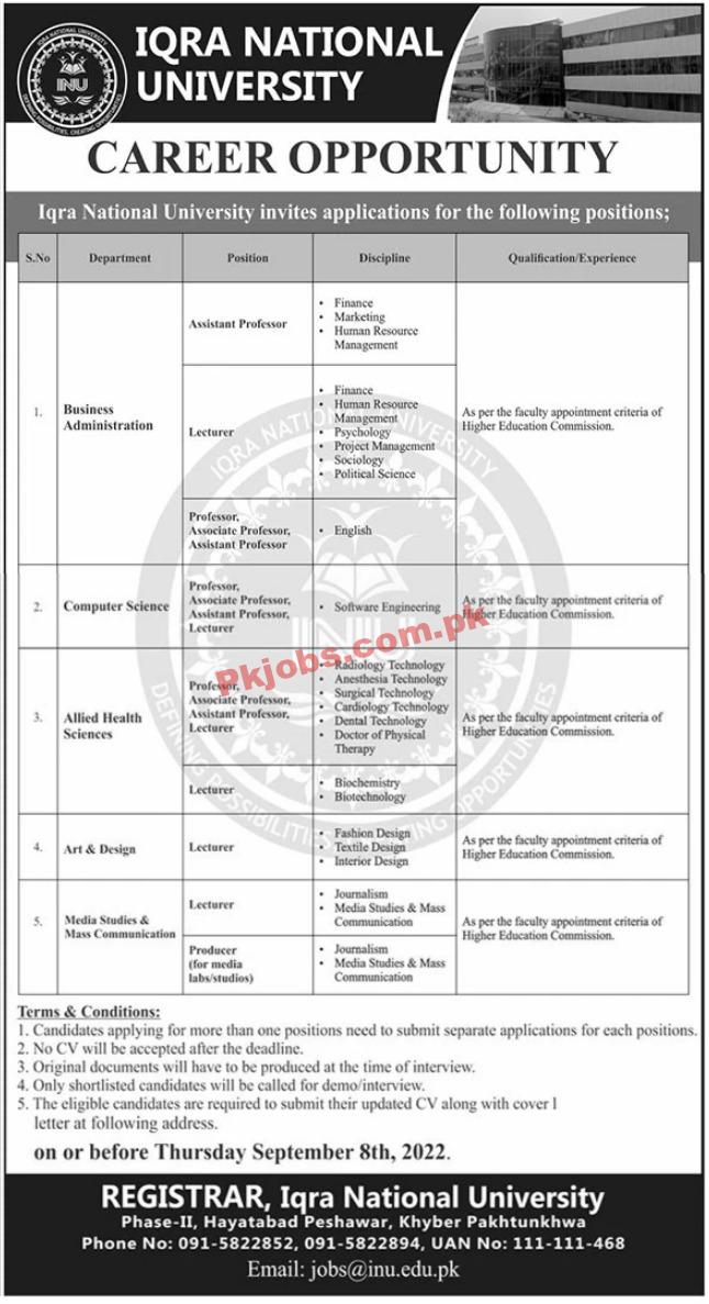 Iqra National University Head Office Announced Latest Recruitments Jobs 2022