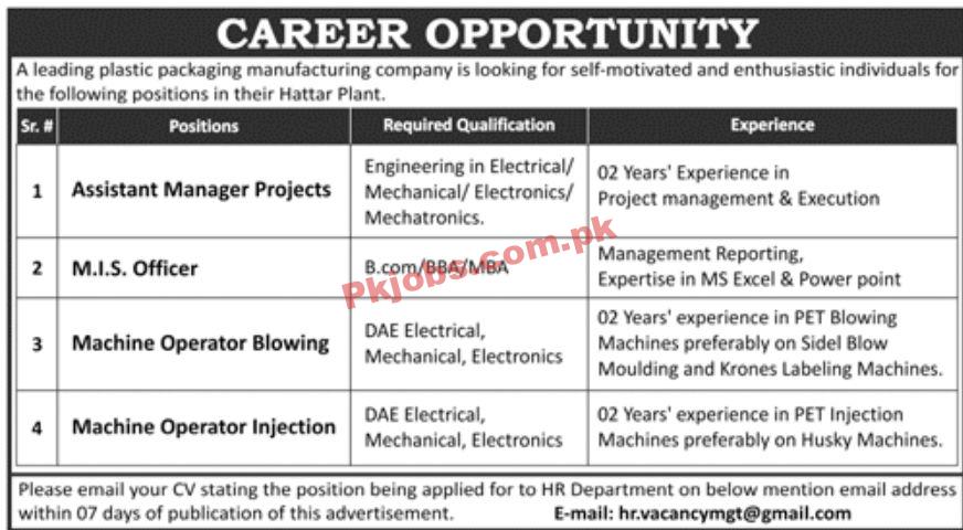 Jobs in Leading Plastic Packaging Manufacturing Company