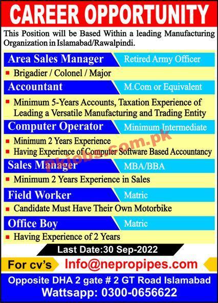 Jobs in Manufacturing Organization Islamabad