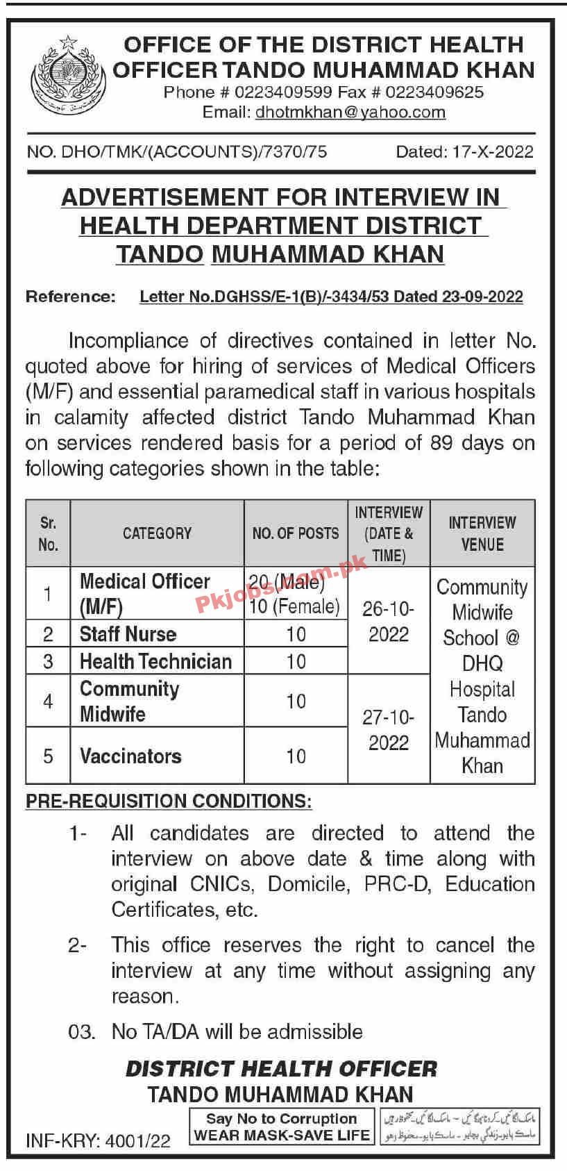 Jobs in District Health Officer Tando Muhammad Khan