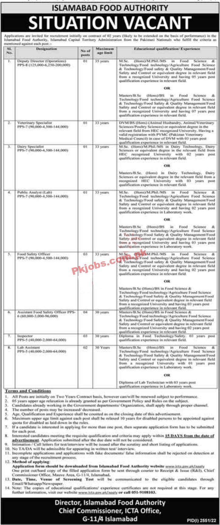 Food Authority Jobs 2022 | Islamabad Food Authority Headquarters Announced Latest Recruitment Jobs 2022