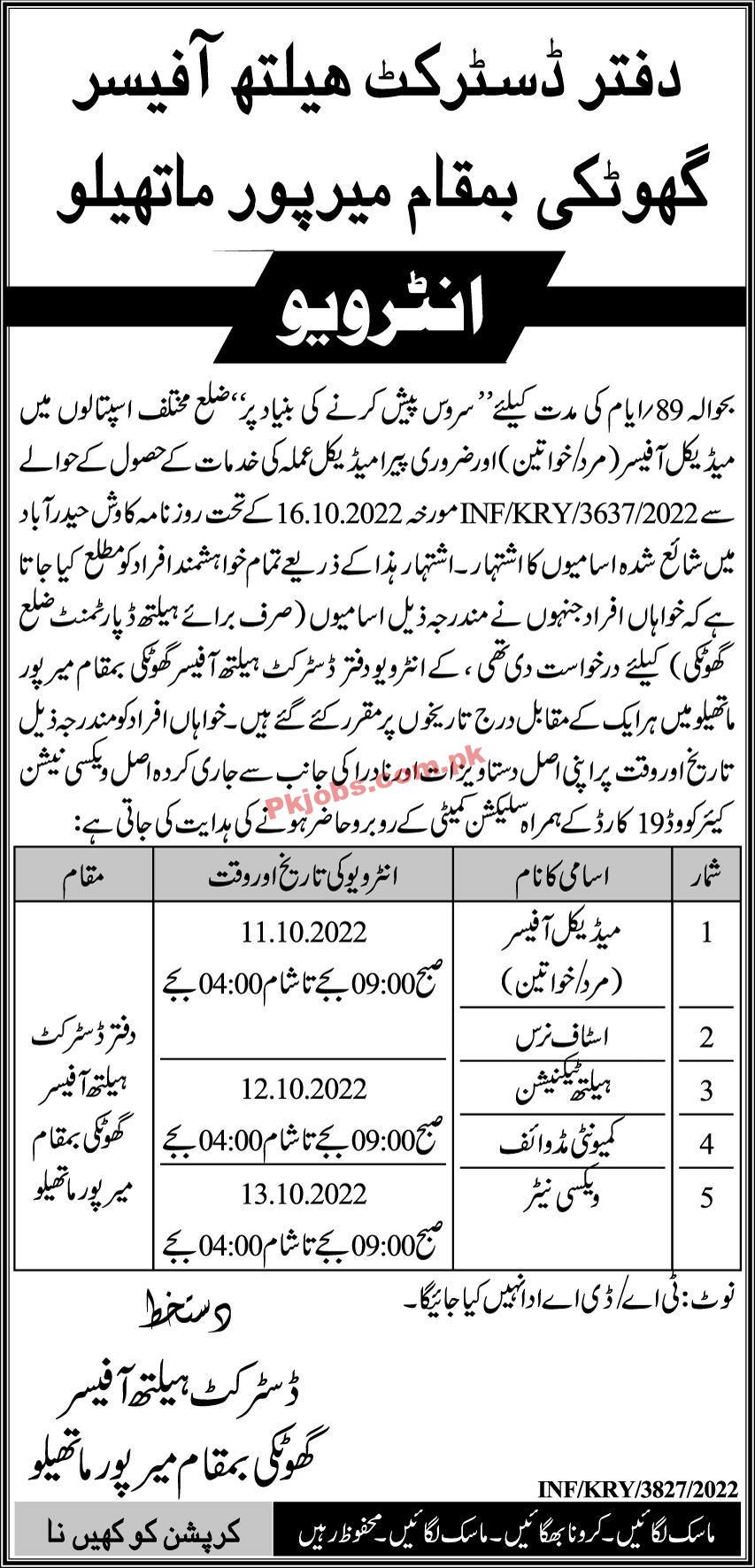 Health Department Jobs 2022 | Health Department Ghotki Headquarters Announced Latest Recruitment Jobs 2022