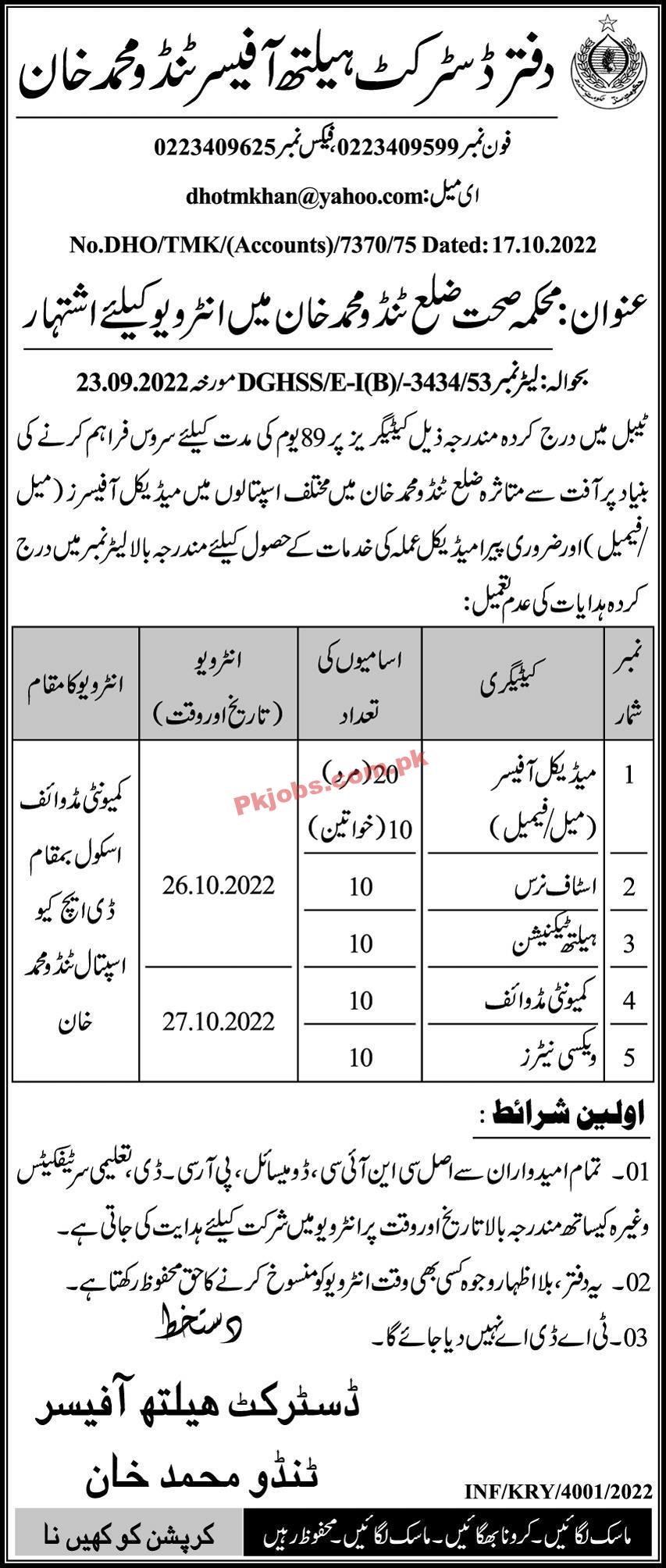 Jobs in District Health Officer Tando Muhammad Khan