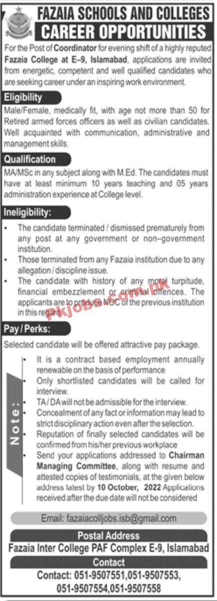 Jobs in Fazaia Schools and Colleges