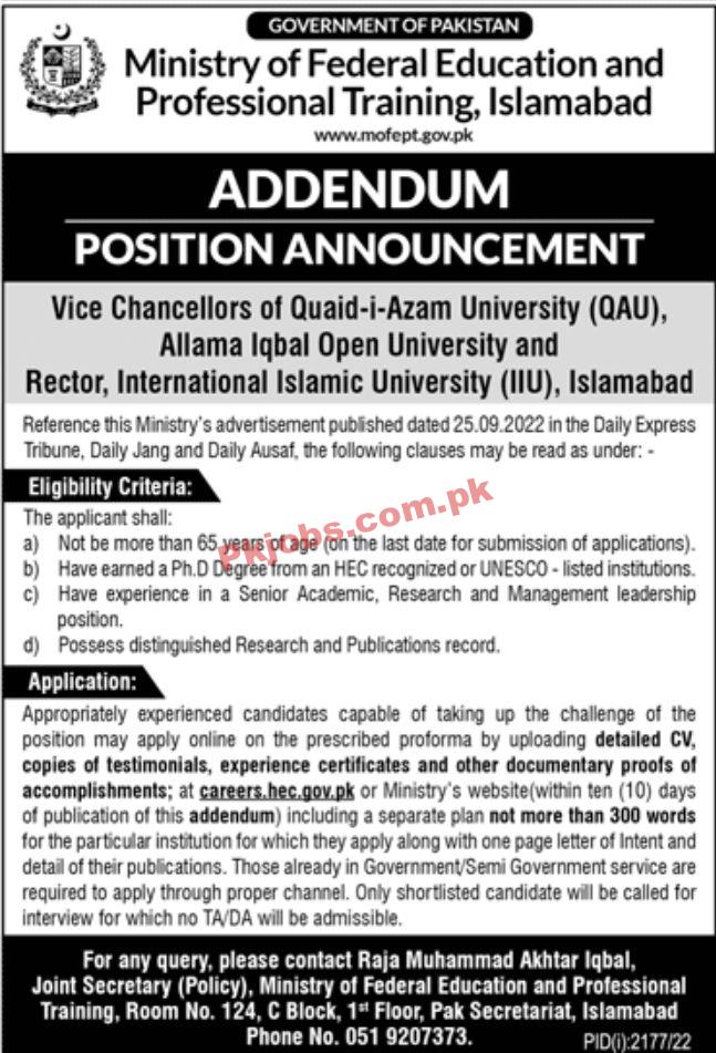 Jobs in Ministry of Federal Education and Professional Training Islamabad