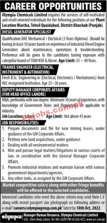 Jobs in Olympia Chemicals Limited