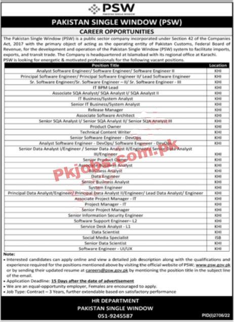 PSW Jobs 2022 | Pakistan Single Window PSW Headquarters Announced Latest Recruitment Jobs 2022