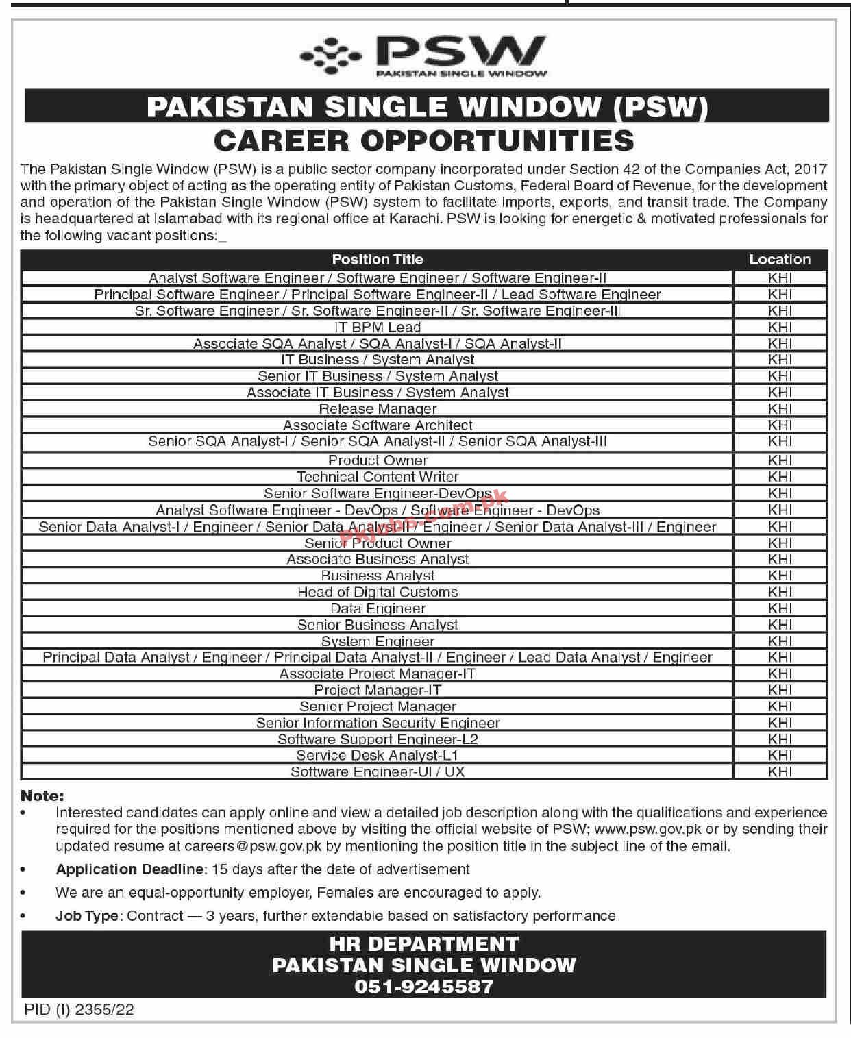 Pakistan Single Window PSW Jobs 2022 | Pakistan Single Window PSW Headquarters Announced Latest Recruitment Jobs 2022