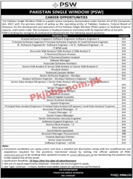 PSW Jobs 2022 | Pakistan Single Window Headquarters Announced Latest Recruitments