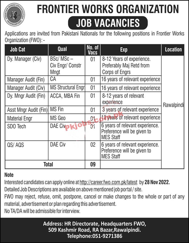 FWO Jobs 2022 | Frontier Works Organization Headquarters Announced Latest Recruitment Jobs 2022