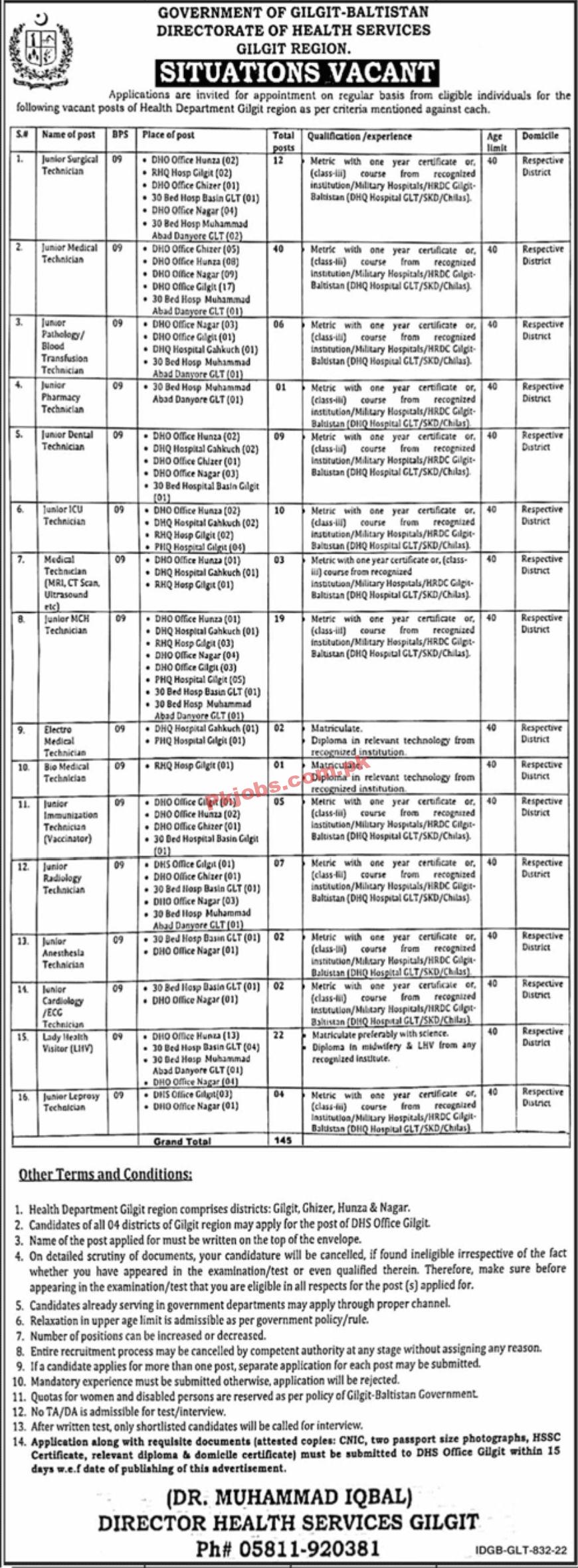 Jobs in Government of Gilgit Baltistan Directorate of Health Services