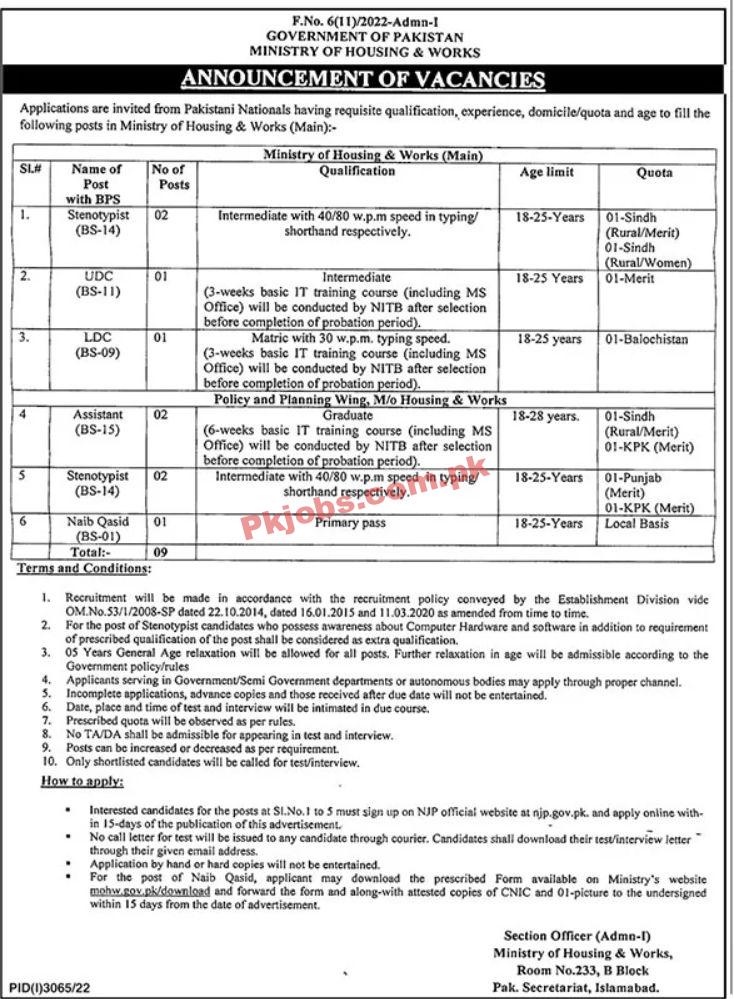 Jobs in Government of Pakistan Ministry of Housing & Works