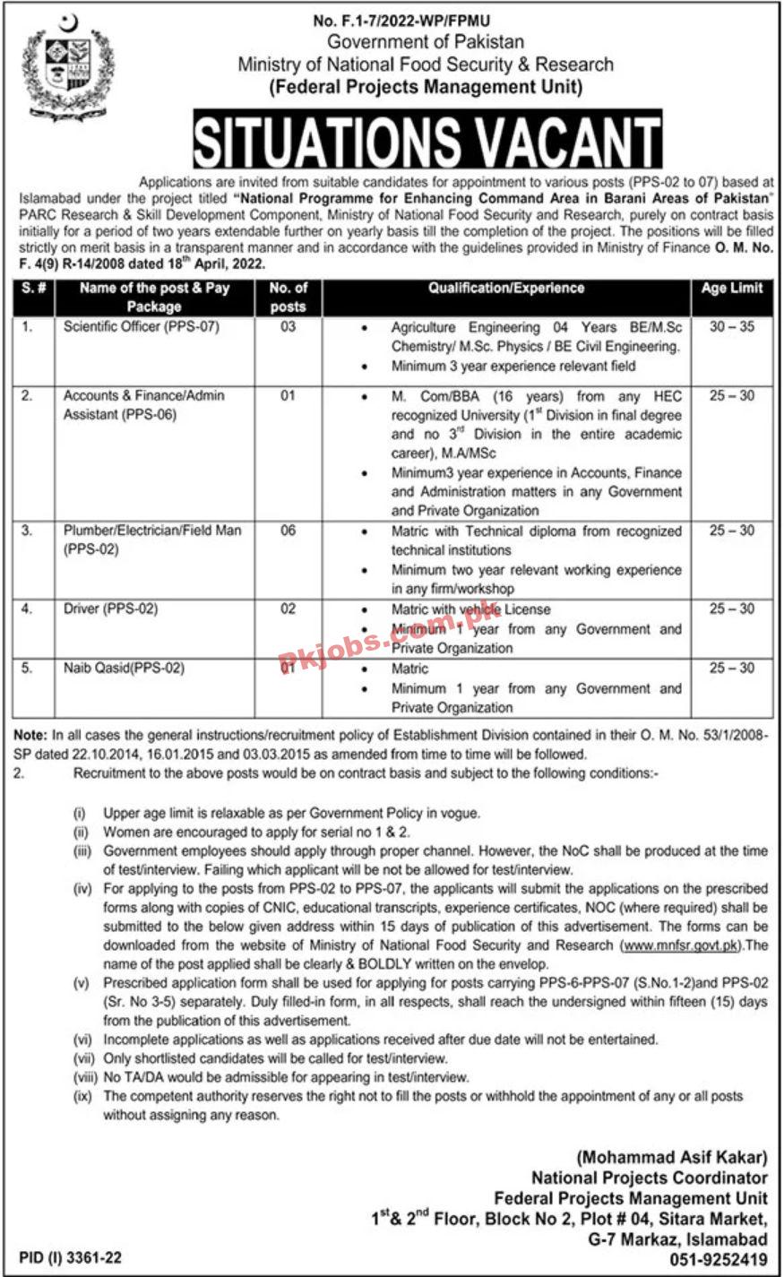 Jobs in Government of Pakistan Ministry of National Food Security & Research