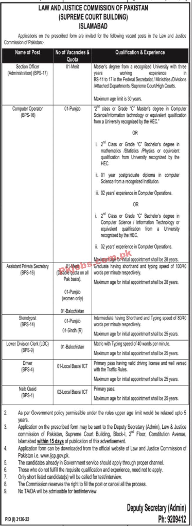 Jobs in Law Justice Commission of Pakistan