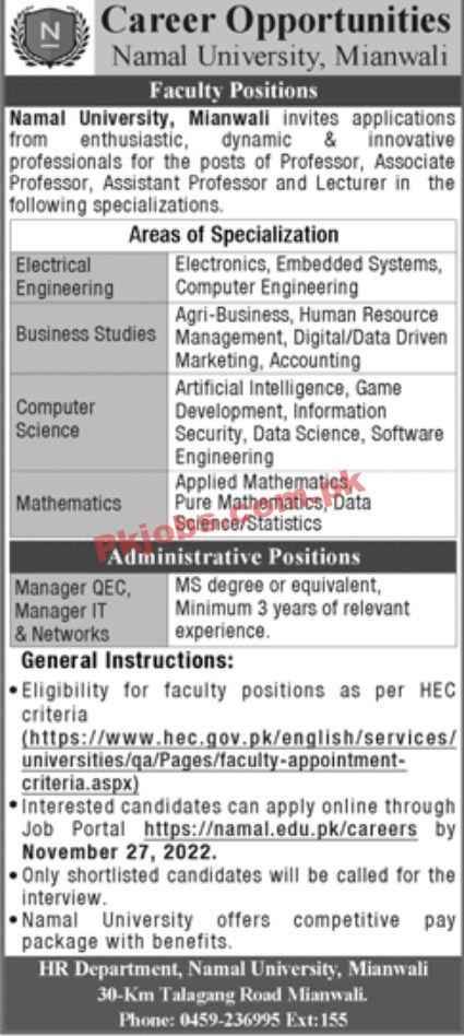 Jobs in Namal University Mianwali