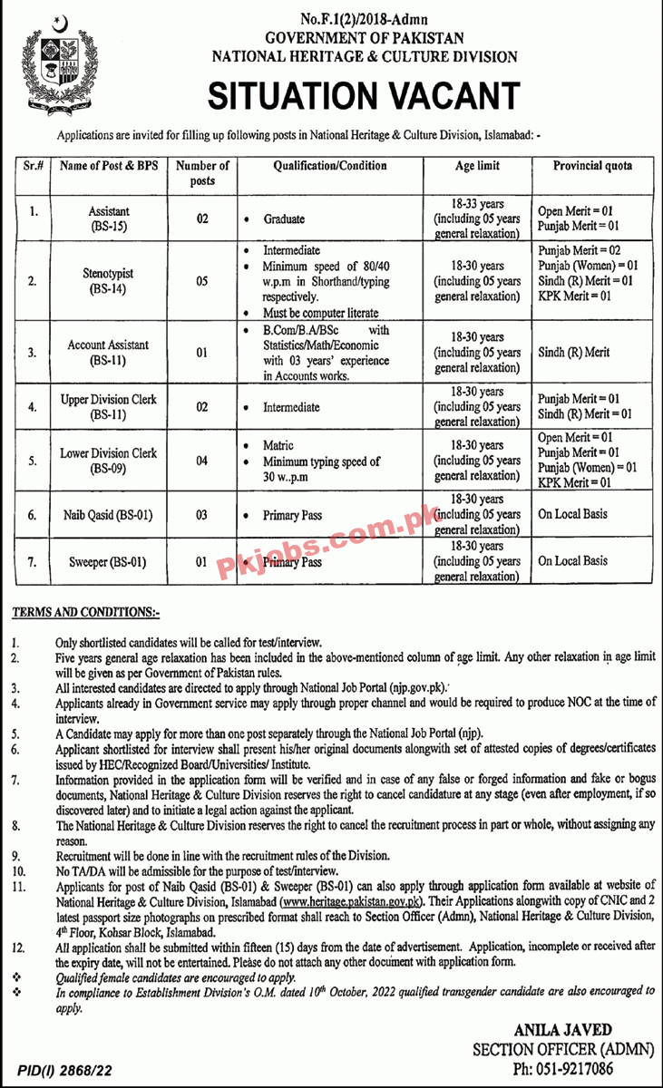 NH & CD Jobs 2022 | National Heritage & Culture Division Headquarters Announced Latest Recruitment Jobs 2022