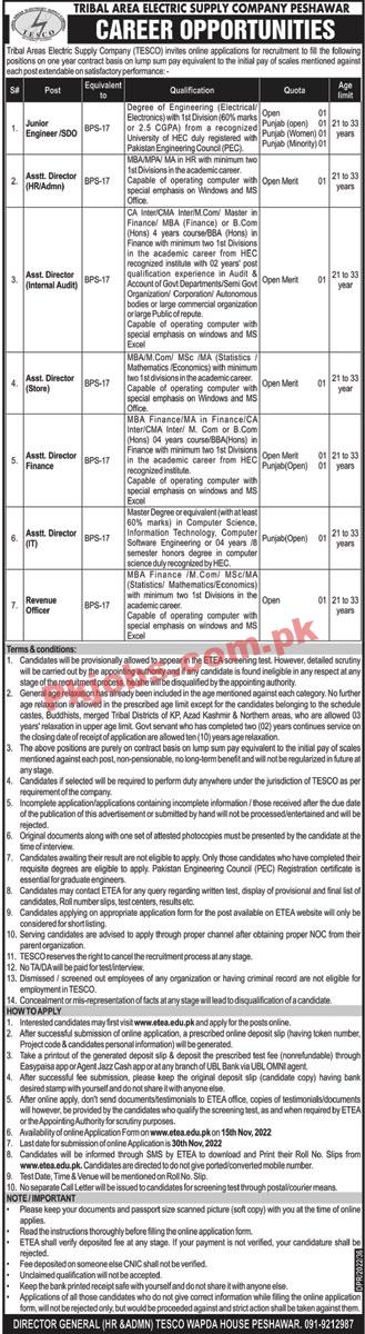 TESCO  Jobs 2022 | Tribal Areas Electricity Supply Company Headquarters Announced Latest Recruitment Jobs 2022