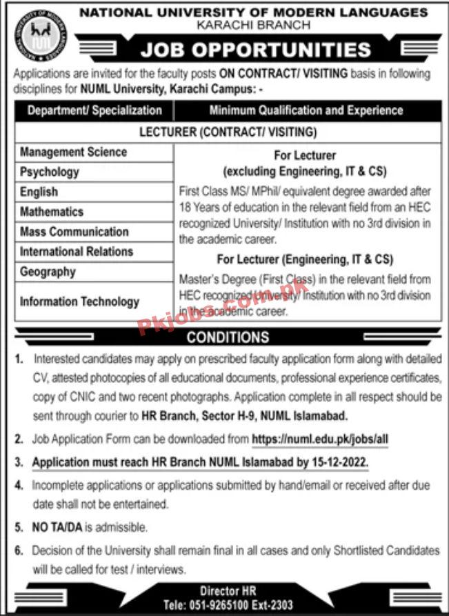 Jobs in NUML Karachi