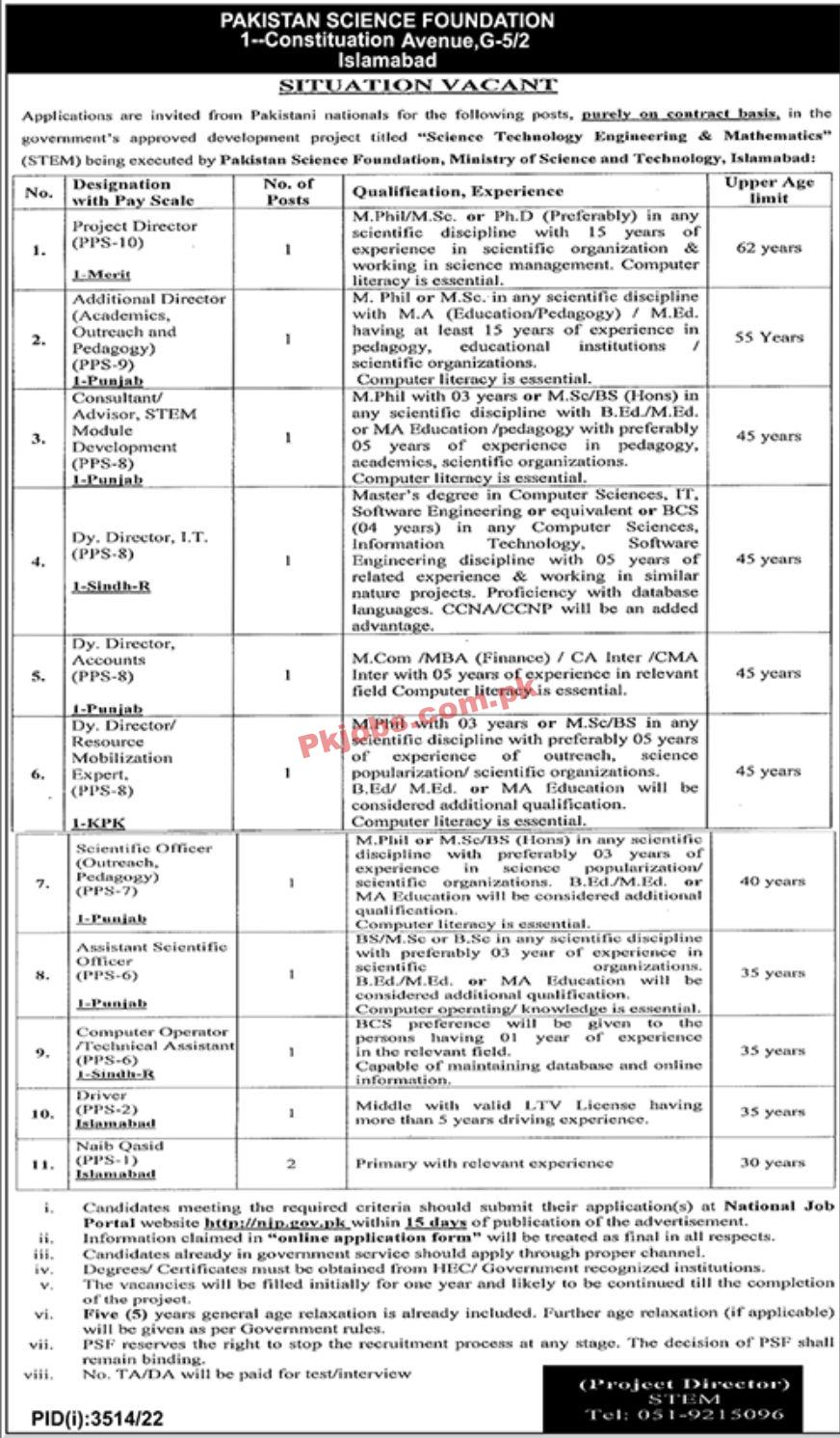 Jobs in Pakistan Science Foundation Ministry of Science and Technology Islamabad