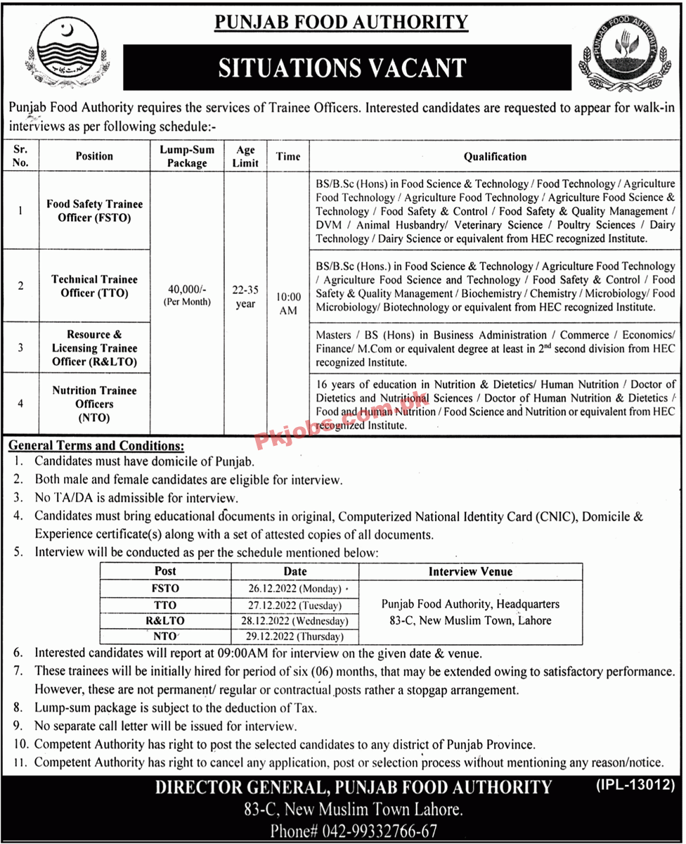 Jobs in Punjab Food Authority