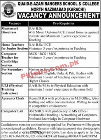 Jobs in Quaid-e-Azam Rangers School & College North Nazimabad
