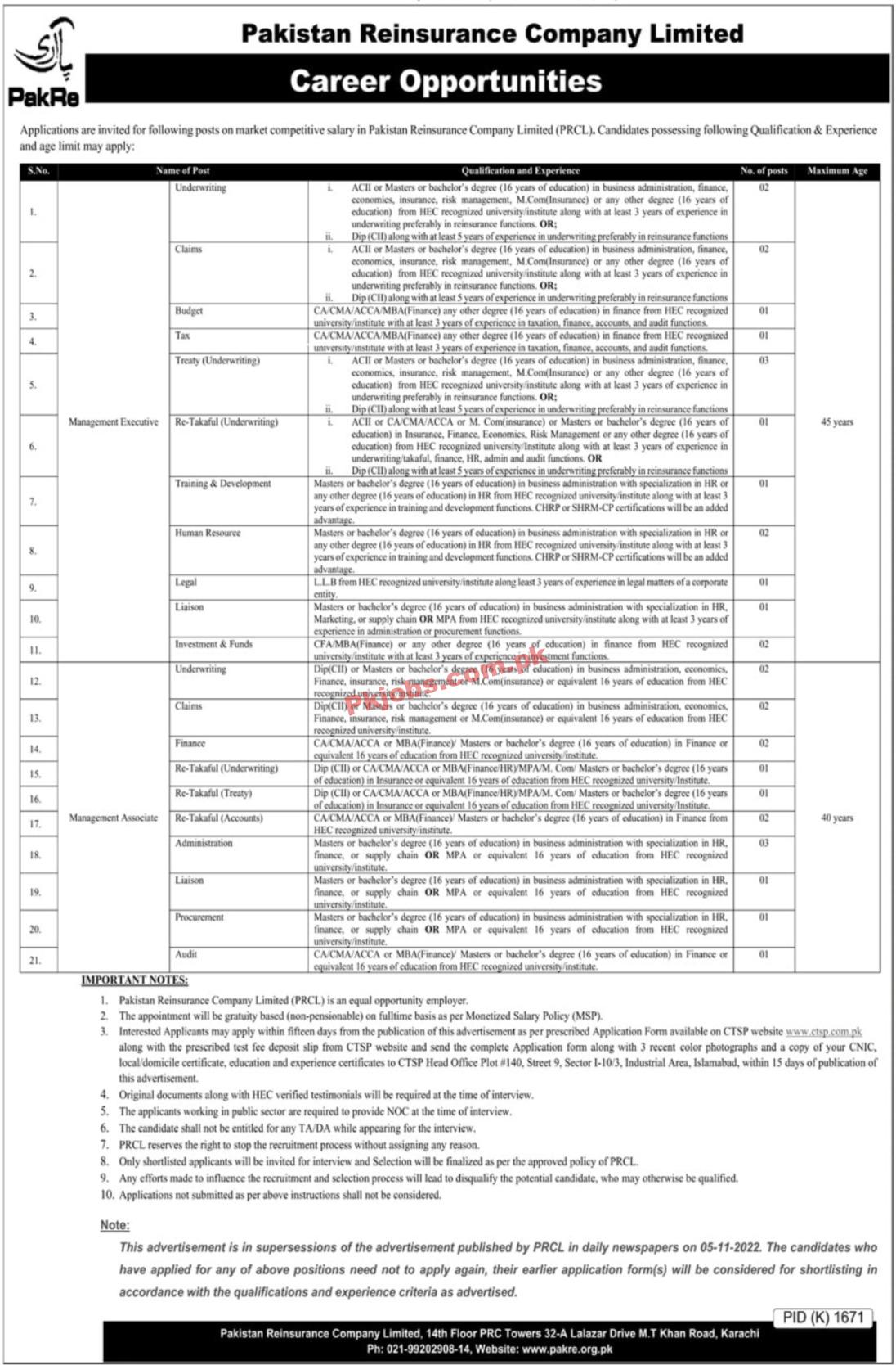 PRCL Jobs 2022 | Pakistan Reinsurance Company Limited Headquarters Announced Latest Hiring