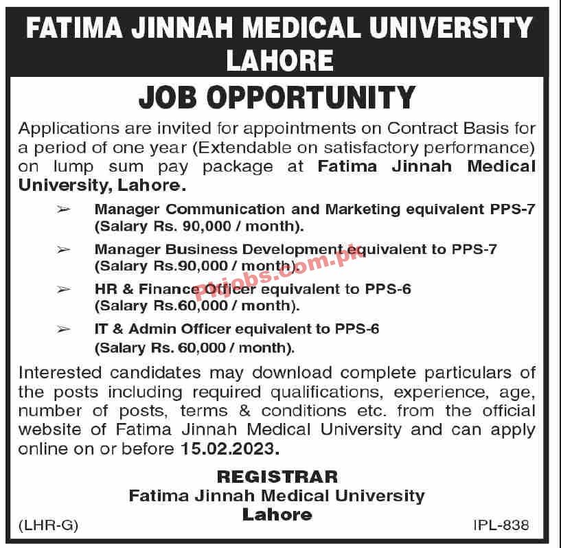 Jobs in Fatima Jinnah Medical University Lahore