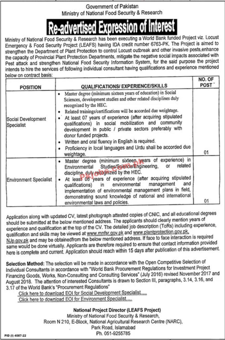 Jobs in Government of Pakistan Ministry of National Food Security & Research