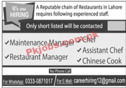 Jobs in Reputable Chain of Restaurants in Lahore