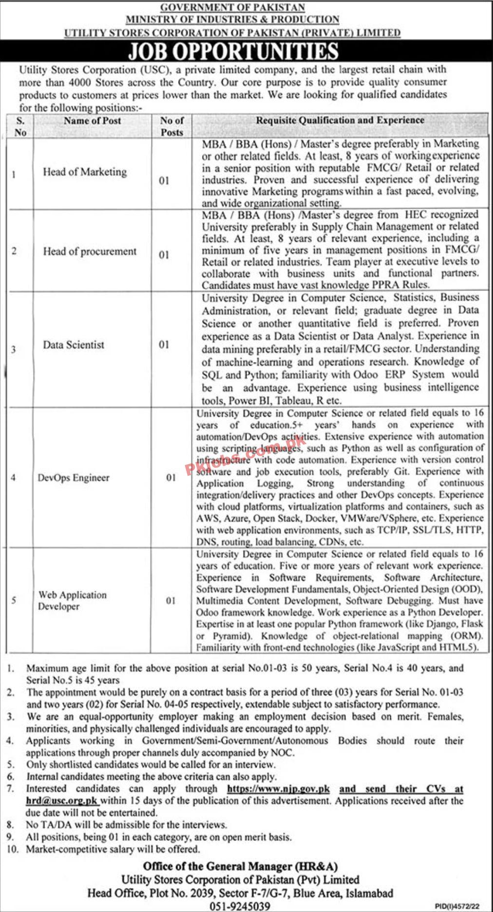 Jobs in Utility Stores Corporation of Pakistan Private Limited