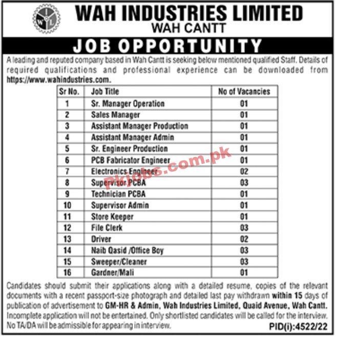 Jobs in Wah Industries Limited