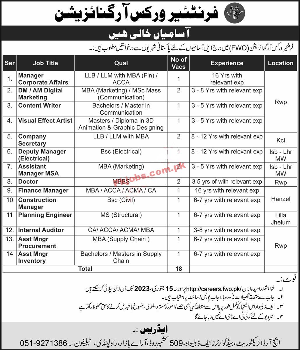 Latest FWO Jobs 2023 | Frontier Works Organization Headquarters Announced Latest Recruitments