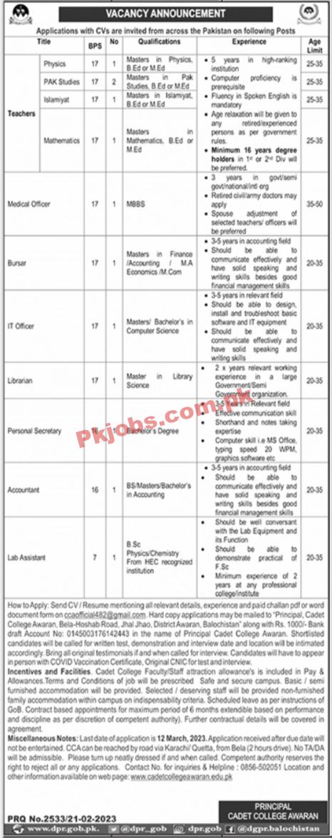 Cadet College Jobs 2023 | Cadet College Head Office Announced Latest Recruitments