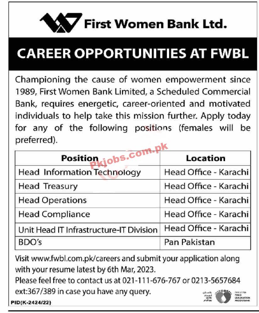 FWBL Jobs 2023 | First Women Bank Limited Headquarters Announced Latest Recruitments