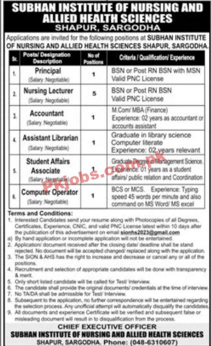 Jobs February 2023Subhan Institute of Nursing and Allied Health Sciences