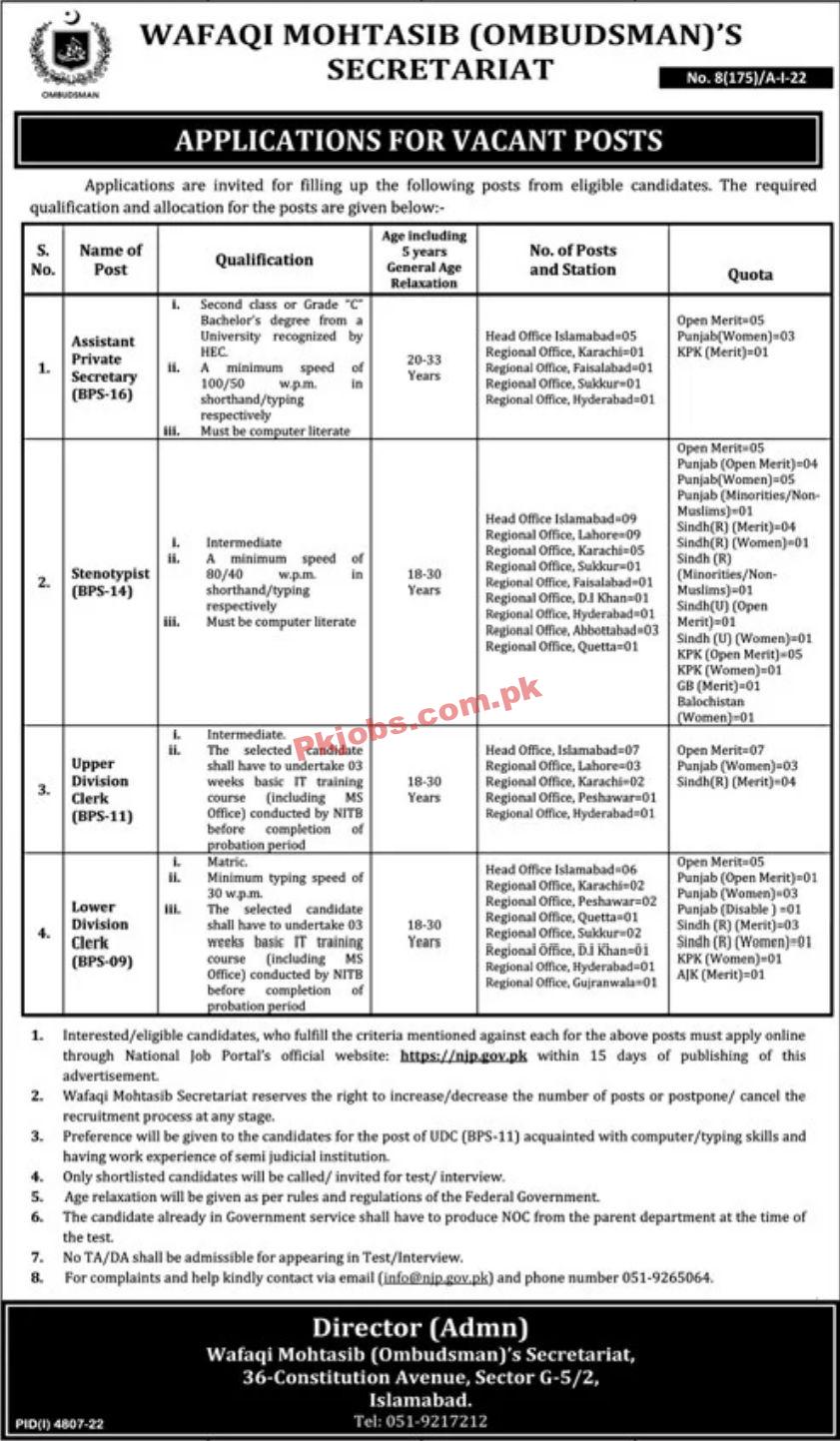 Jobs in Wafaqi Mohtasib Ombudsman’s Secretariat