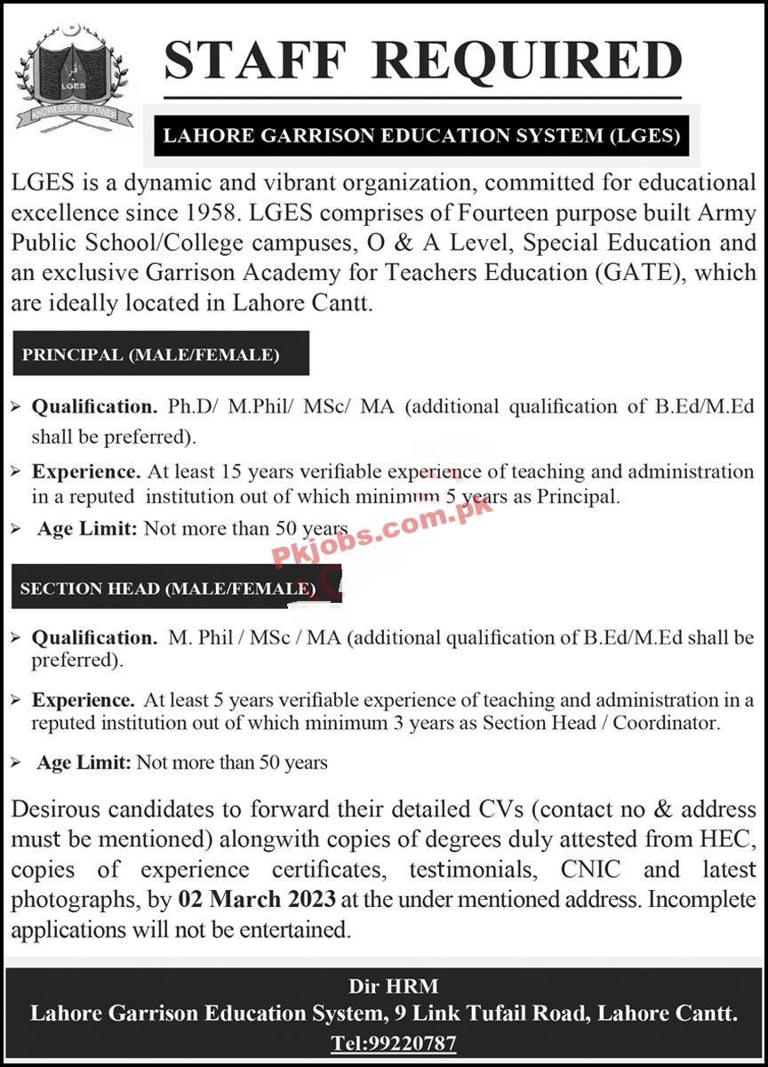 LGES Jobs 2023 | Lahore Garrison Education System Headquarters Announced Latest Recruitments