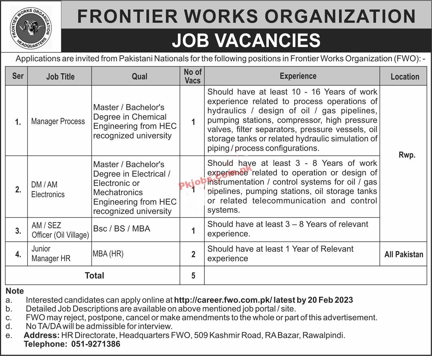 Latest Frontier Works Organization FWO Jobs 2023