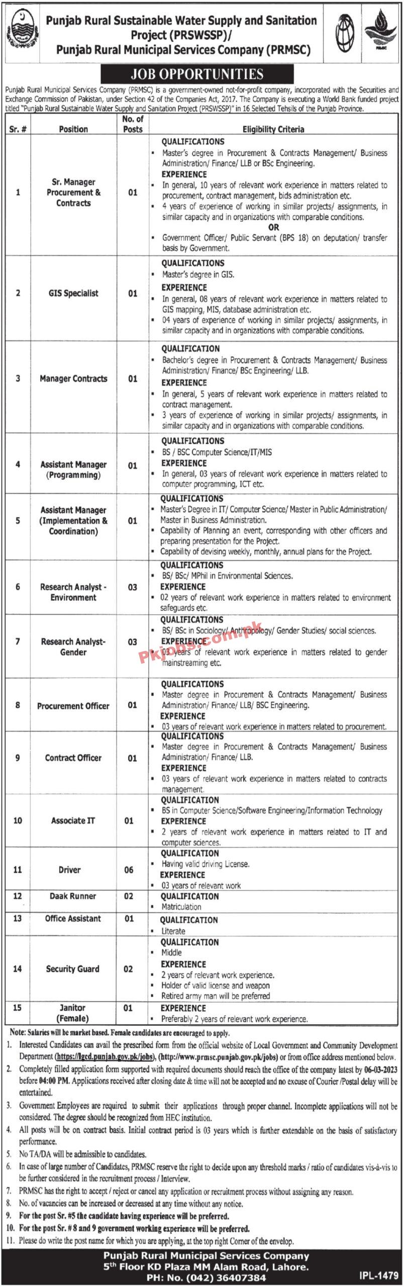 Latest PRMSC Jobs 2023 | Punjab Rural Municipal Services Company Head Office Announced Latest Recruitments