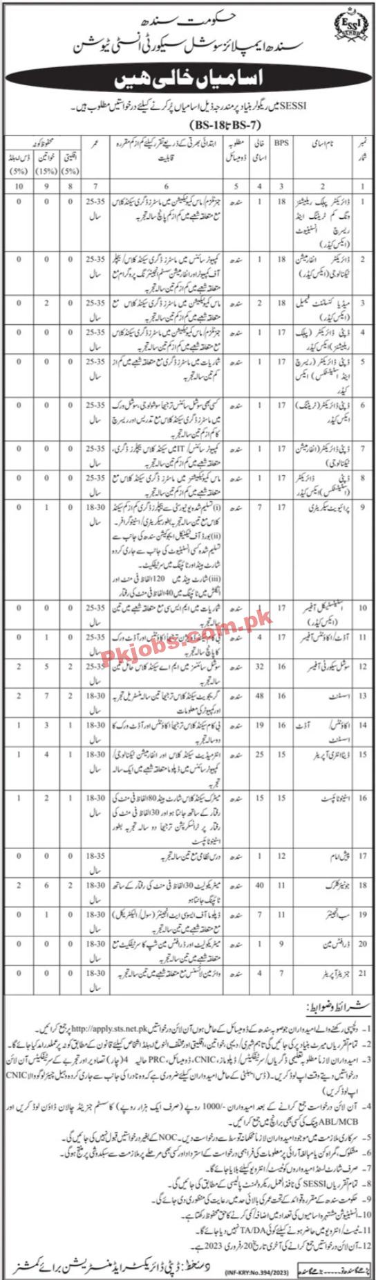 Latest Sindh Employees Social Security Institution SESSI Jobs 2023