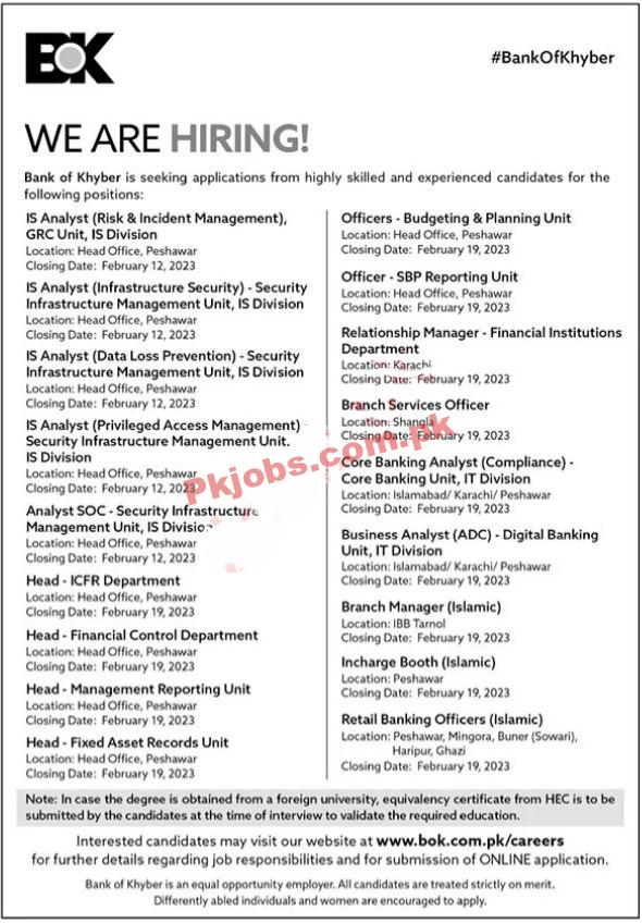 Latest The Bank of Khyber BOK Jobs 2023