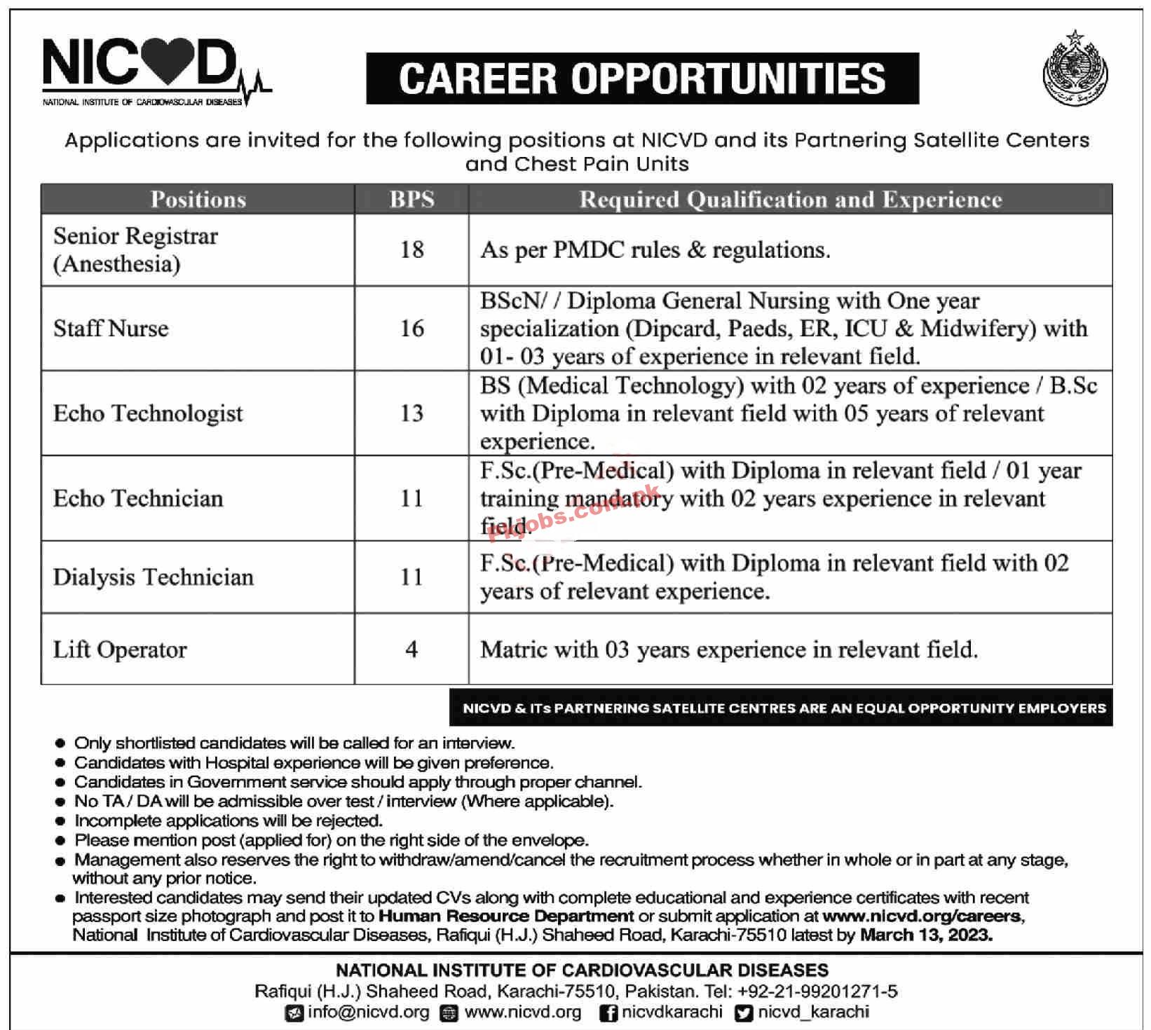 NICVD Jobs 2023 | National Institute of Cardiovascular Diseases NICVD Head Office Announced Latest Recruitments