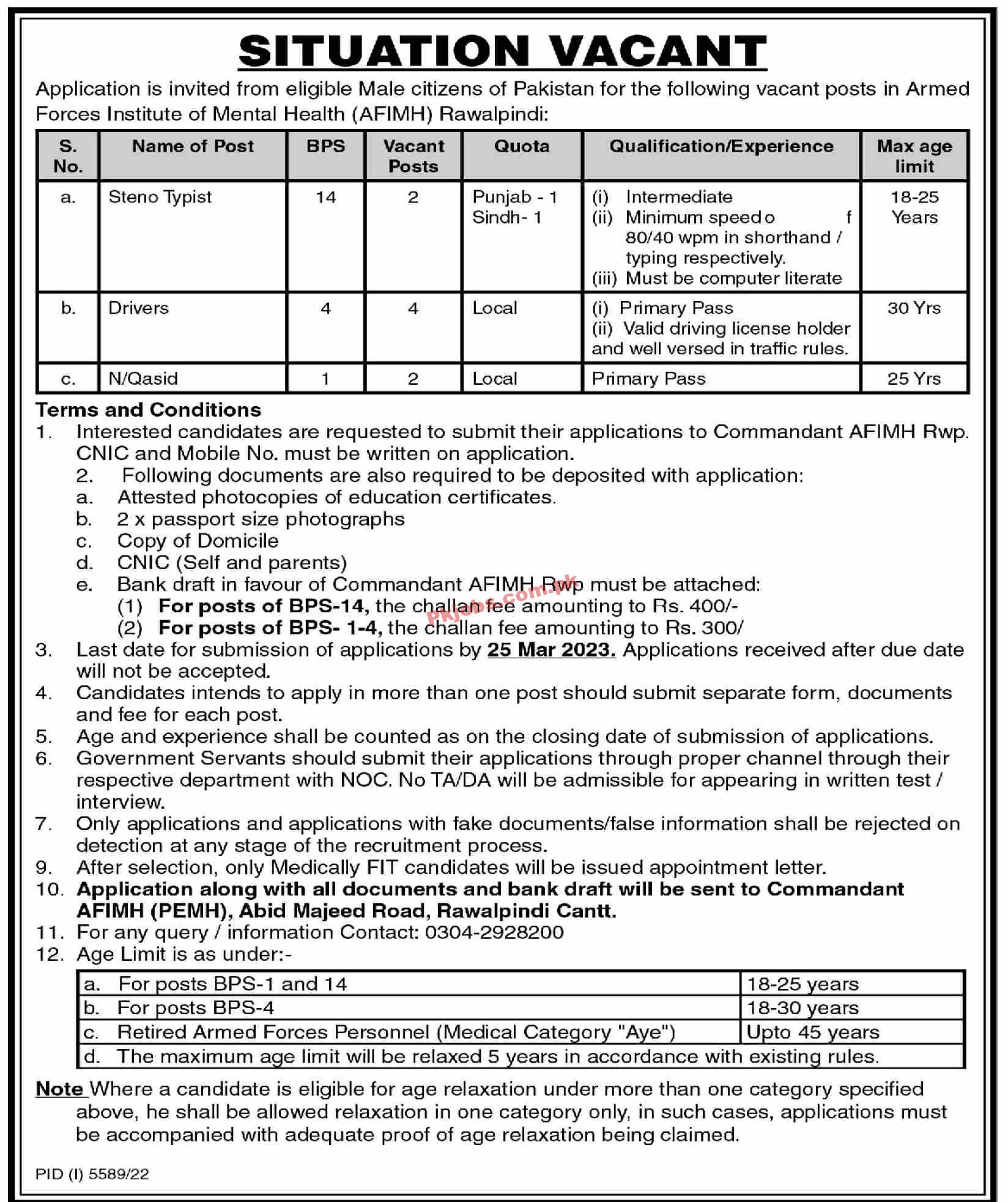 Armed Forces Institute of Mental Health Head Office Announced Latest Jobs 2023