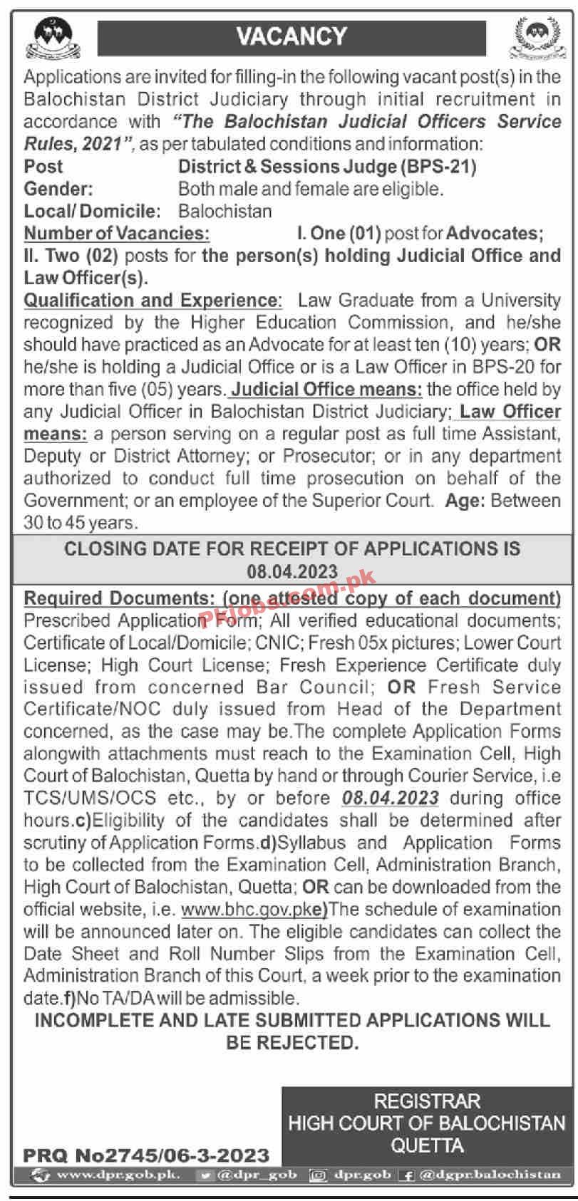 BHC High Court of Balochistan Head Office Announced Latest Recruitments 2023