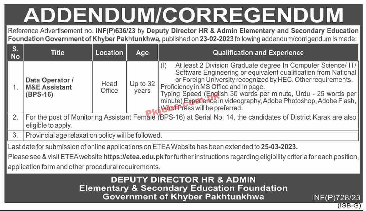 ESED Elementary and Secondary Education Department Head Office Announced Latest Jobs 2023
